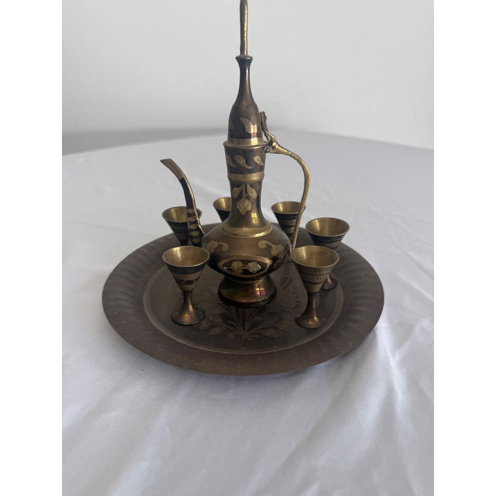 Vintage Brass Tea Cordial Set Etched Floral Teapot 6 Cups and Tray 8pc Set